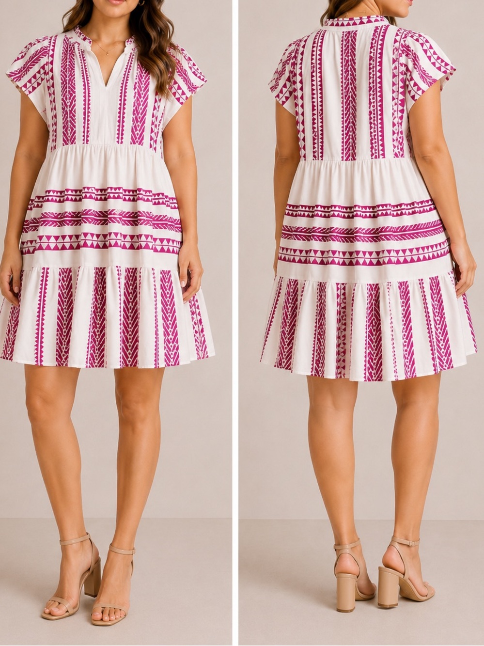 Sofia Hansel Boho Embroidered Geometrid Mini Dress in Hot Pink